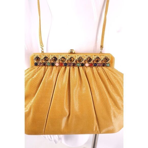 Judith Leiber lizard karung yellow jeweled leather shoulder bag clutch vintage - Picture 3 of 10